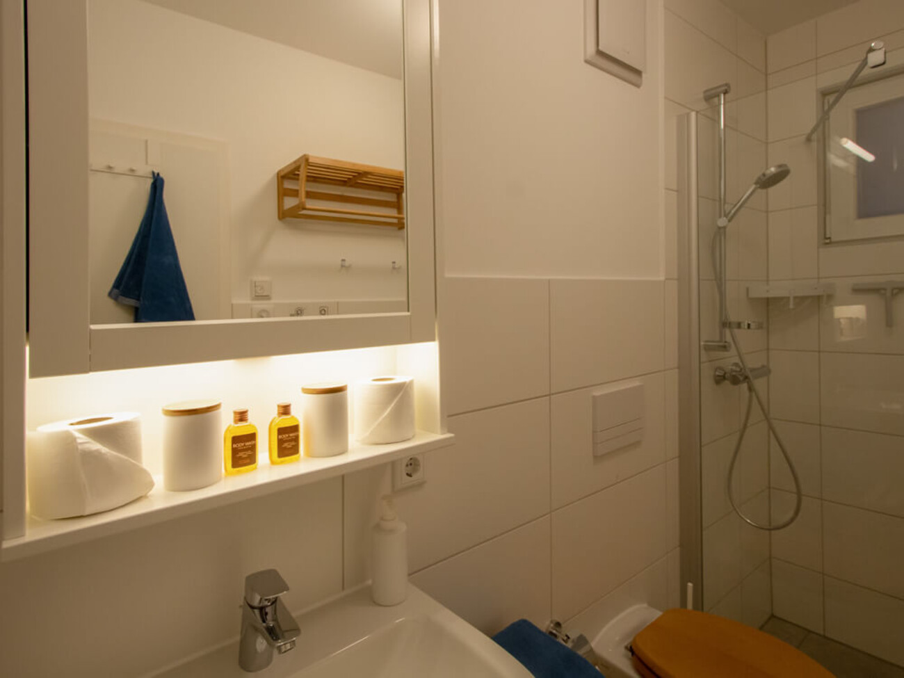 Wohnung 3: Bad mit Spiegel und Ablage.
