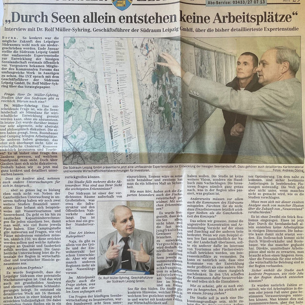 Ausschnitt der Bornaer Zeitung: "Durch Seen allein entstehen keine Arbeitsplätze, Interview mit Dr. Rolf Müller-Syhring" vom 